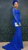 Glamorous Blue Blue Aso-Ebi Style Prom Dresses Łódkowy Dekolt Długie Rękawy Zipper Back Mermaid Suknie Wieczorowe 2017 Stylowe Seksowne Suknie Koronkowe Party