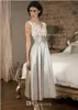 Sliver Mother Of the Bride Dresses 2019 Gorgeous Sleeveless Lace V Neck Satin Mothers Gowns Tea Length