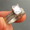 Vintag Silod 10kt White Gold Wypełniony Wedding Wedding Bride Bride Biżuteria 2-w-1 Luksusowy 3CT Square Diamond Ring Set dla kobiet Rozmiar 5-11