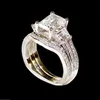 Moda 10KT branco de ouro cheio de diamantes quadrados anéis de pedras preciosas conjuntos 3-em-1 Jóias Cocktail Wedding Band anel dedo Para As Mulheres