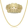 Hip Hop Custom Fit Gold Color Zęby Cztery Hollow Otwarta twarz Złote Zęby Grillz Caps Top Dotal Grill Set z łańcuchem linowym