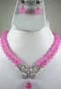 Charmant! Ensemble de boucles d'oreilles collier calcédoine rose 2Rows