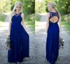 2018 Sexiga land Långa brudtärna klänningar Navy Blue Jewel Neck Lace Appliques Hollow Back Plus Size Maid of Honor Bridal Wedding Party Gowns