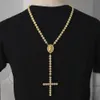 Hommes De Luxe Long Collier Or Argent Complet Glacé Strass Visage De Jésus Avec Grande Croix Pendentif Collier Chapelet Punk Bijoux