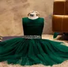 Robes de filles de fleur en tulle vert foncé col bijou sans manches haut froncé cristaux perles paillettes taille cheville longueur robe pour enfants avec nœud