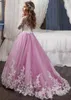 Prenses Uzun Kollu Dantel Çiçek Kız Elbise 2017 Vestidos Kabarık Pembe Çocuklar Akşam Balo Parti Pageant elbise Kızlar