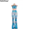 Wholesale- Women Summer 2 Pieces Jumpsuit Set Long Flare pants Strapless Crop Tops High Waist Wide Leg Pants Printed Sexy club Beach Romper