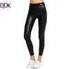 Wholesale-DIDK Faux Deri Tayt Spor Kadınlar Için Yüksek Waisted Sıcak Pantolon Siyah Kontrast Elastik Bel Skinny Tayt