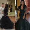 Abiti da sera a sirena con perline nere Nuove applicazioni di pizzo con scollo a V Elegante illusione maniche lunghe Vestidos De Fiesta Abiti da ballo Celebrità