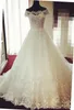 Taille haute dentelle robe de bal robes de mariée sans bretelles mancherons fermeture éclair dos avec perles balayage train robes de mariée style européen