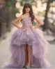 라벤더 높은 낮은 여자 여선 대회 가운 아플리케 웨딩 드레스에 대한 민소매 꽃 파는 소녀 보라색 얇은 명주 그물 공동체 드레스