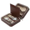 Bruin leer vier 4 slots ritssluiting reiziger's horloge opslag Organizer Collector Case Suede Interieur Horloge Case Sport Travel Doos