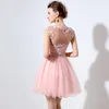 かわいいピンクのショートドレス安いアラインミニチュールレースビーズキャップスリーブバトーネック2019ジュニア8年生ホームカミングドレスpar7199797
