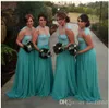 2017 Aqua Bridesmaid Dress Long Sheer Collar Lace Chiffon Beach Garden Junior Maid of Honor Prom Gown Wedding Party Evening Dress Cheap