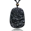 Obsidian natural mão esculpida dragão chinês boa sorte charme pingente de colar