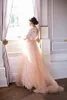 Splendido abito da sposa country taglie forti Una linea con collo trasparente Illusion Top in pizzo maniche lunghe Blush Pink Tulle Abiti da sposa aperti sul retro