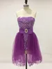 Vestido de baile curto barato com saia removível Bainha coluna Strapless vestido de baile de lantejoulas Tulle destacável Overskirt em roxo