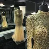 Bling Bling Beaded High Neck Prom Dresses Gold Tulle See Through Sheer Long Sleeves Mermaid Evening Gowns Open Back Floor Party Dresses