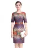 Vintage Print Women Sheath Dress With Belt Short Sleeve OL Office Lady Work Dresses 0917182