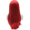 24 -calowy czerwono jedwabista prosta peruka odporna na ciepło syntetyczne koronkowe frontowe peruka mody cosplay
