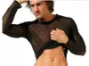 Sexy Mesh ultra-thin White Black Undershirt Tops men's long Sleeve O-Neck T-shirt Transparent See Through Underwear clothes