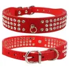 (6 Colors Mixed) Brand New suede Leather Dog Collars 3 Rows Rhinestone Dog collar diamond Cute Pet Collars 100% Quality 4 Sizes