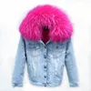 Kvinnors Jackor Partihandel - Oftbuy Brand 2021 Höst Vinter Jacka Kvinnor Hål Denim Real Large Raccoon Fur Collar och Faux Tjock varm L