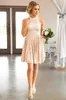 New Country Short Bridesmaid Dresses For Weddings Halter Jewel Neck Full Lace Blush Pink Peals Plus Size Empire Waist Maid of Honor Gowns