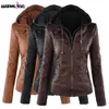 Wholesale- Bomber Jacketコート女性2016冬のフェイクレザーフルスリーブフェミニナの取り外し可能なターンダウンカラー女性の基本的な厚いジャケットコート