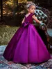 Глубокий фиолетовый платье первого причастия элегантный атласная рюшами длиной до пола цветок девушки платья с короткими рукавами молния лук девушки день рождения платье