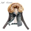 Wholesale- Casaco Feminino Winter Women Fashion Denim Jacket Movable Furs Collar Wool Coat Bomber Jacket Jean Women Basic Coats