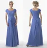 Blue Long Modest Bridesmaid Dresses With Short Sleeves Ruches Chiffon Cap Sleeves Floor Length Formal Country Bridesmaids Dresses