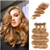 Pure Color Honey Blonde # 27 Menselijk Haarbundels met Kantsluiting 4x4 Braziliaanse Body Wave Hair Extension met Sluiting Aardbei Blonde