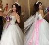 Sparkly Rhinestone Kralen Trouwjurken Baljurk Sweetheart Tule bruidsjurken met roze boog 2018 goedkope trouwjurk op maat gemaakt