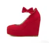 검은 bowtie plarform wedges womens 빨간 발목 스트랩 하이힐 결혼식 신발 2 색 35-39 사이즈