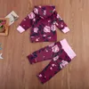 Nouveau-né bébé fille ensemble de vêtements printemps automne dessin animé fleur t-shirt à capuche + pantalon floral 2 pièces violet impression enfants filles ensembles de vêtements