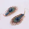 2017 new Trendy Multicolor Rhinestone Peacock Feather Shape Gold Color Zinc Alloy New Designer Drop Earrings free shipping