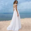 Boho Summer Beach Chiffon A Line Wedding Dresses 2019 Sheer Cap Sleeves Lace Applique High Split Hollow Back Wedding Bridal Gowns
