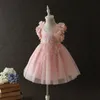 Abito da ragazza di fiore Ricamo floreale in pizzo Abito da principessa per bambini Abito da principessa in tulle petalo stereo Abito da ballo per bambini Abito tutu per ragazze dolci C2177