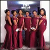 부르고뉴 오프 숄더 신부 들러리 드레스 새틴 인어 하녀의 명예 가운 남아프리카 웨딩 게스트 공식 파티 드레스 맞춤 제작