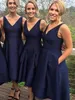 Fashion Navy Blue Bridesmaid Dresses Satin High Low V-Neck Simple Maid of Honor Dress Evening Party Gowns Formal Prom Dress