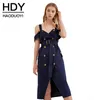 HDY Haoduoyi femmes mode robes solides dos nu épaule froide licou robes col en v boutonné ceintures Wrap robes q1109