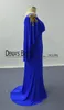 Cape Sleeves Prom Dresses 2016 Royal Blue Golden Lace Appliqued Sheath Scoop Satin Evening Party Dresses