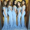 Cheap Aqua Blue Country Garden Mermaid Bridesmaid Dresses Sweep Train Lace Covered Backless Honor Of Junior Holiday Evening Gown For Wedding
