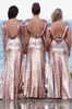 Bling Sparkly 2017 Rose Gold Sequins Bridesmaid Dresses Billiga Mermaid Två Pieces Prom Lugnar Backless Country Beach Party Dresses