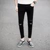 Calças de brim masculinas novo 2017 moda adolescente hip hop meninos rua cidade casual joelho angustiado buraco tornozelo-comprimento calças harem magro ajuste