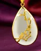 Ouro incrustado jade branco gotas de água magpie em mei (talismã) pingente de colar (sorrisos)