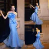 New Design Blue Prom Dresses Sexy Strapless Mermaid Evening Gowns Ruched Sleeveless Zipper Low Back Formal Party Dress Sweep Train