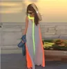 Fahion Şifon Parlak Renkli Patchwork Sıradan Elbiseler Kolsuz Sundress Gevşek Uzun Elbise Ucuz Kadınlar Yaz Boho Maxi Elbiseler