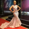 Blush Rosa Lace Applique Vestidos de Baile Sul Africano Sem Mangas Tule Sereia Vestidos de Noite Tribunal Trem Plus Size Vestido de Festa Formal